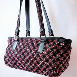 Vtg Talbots Wool Pink Black White Tweed Satchel Purse Shoulder Bag Double Straps